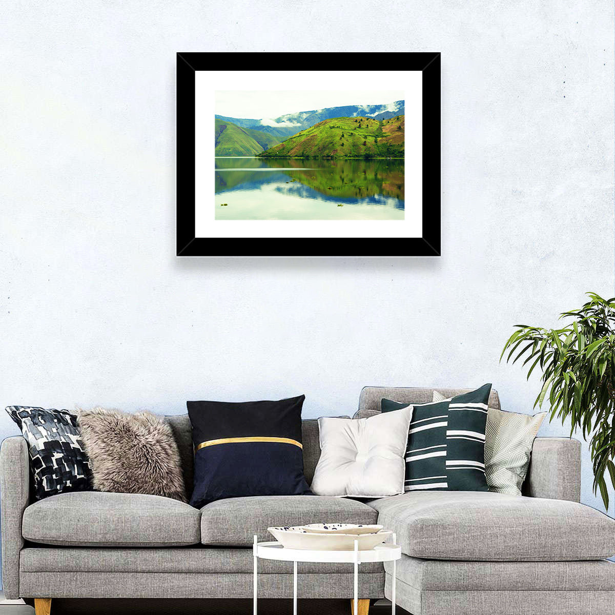 Lake Toba Reflection Wall Art in a room, landscape