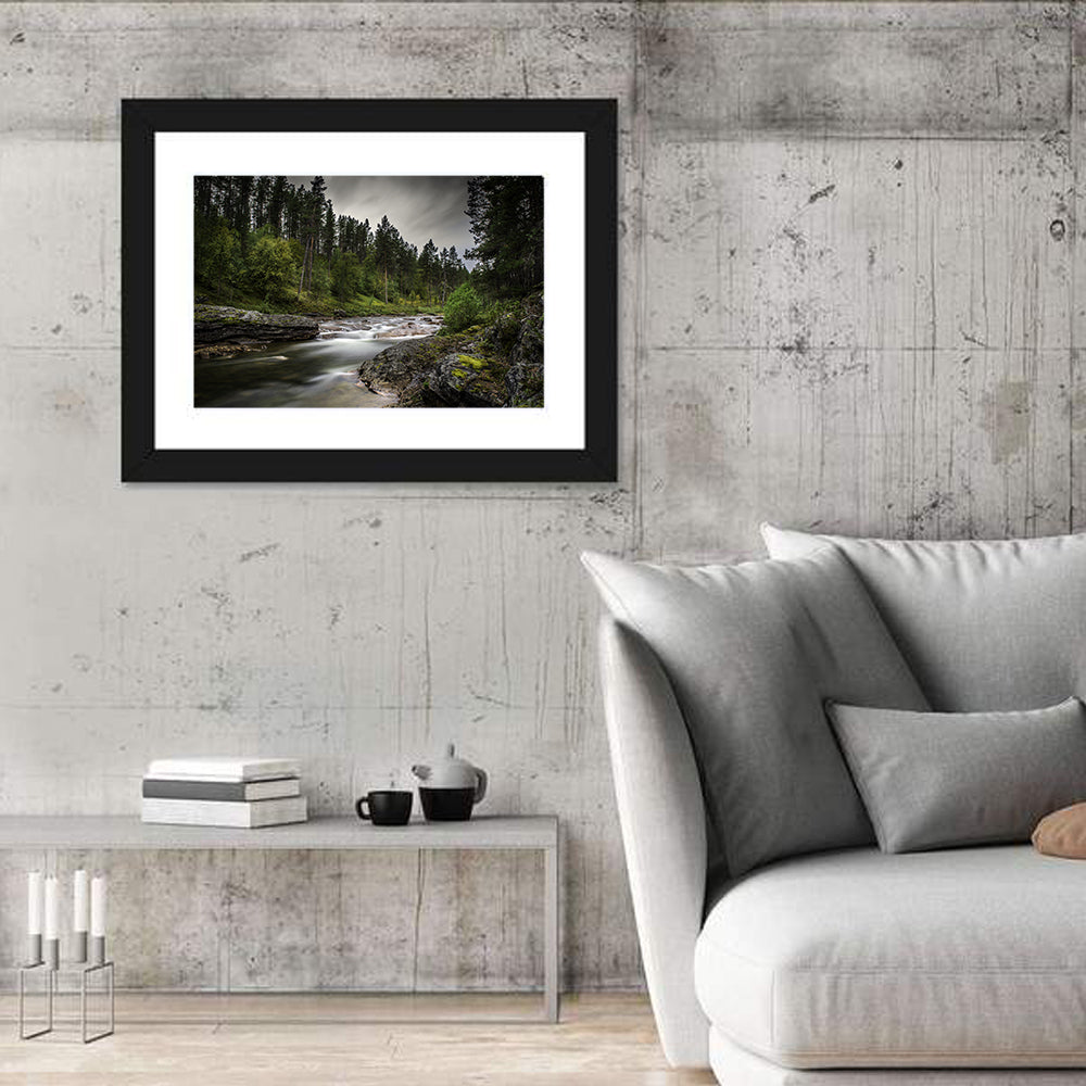 Mossy Forest Stream Wall Art in a room, landscape