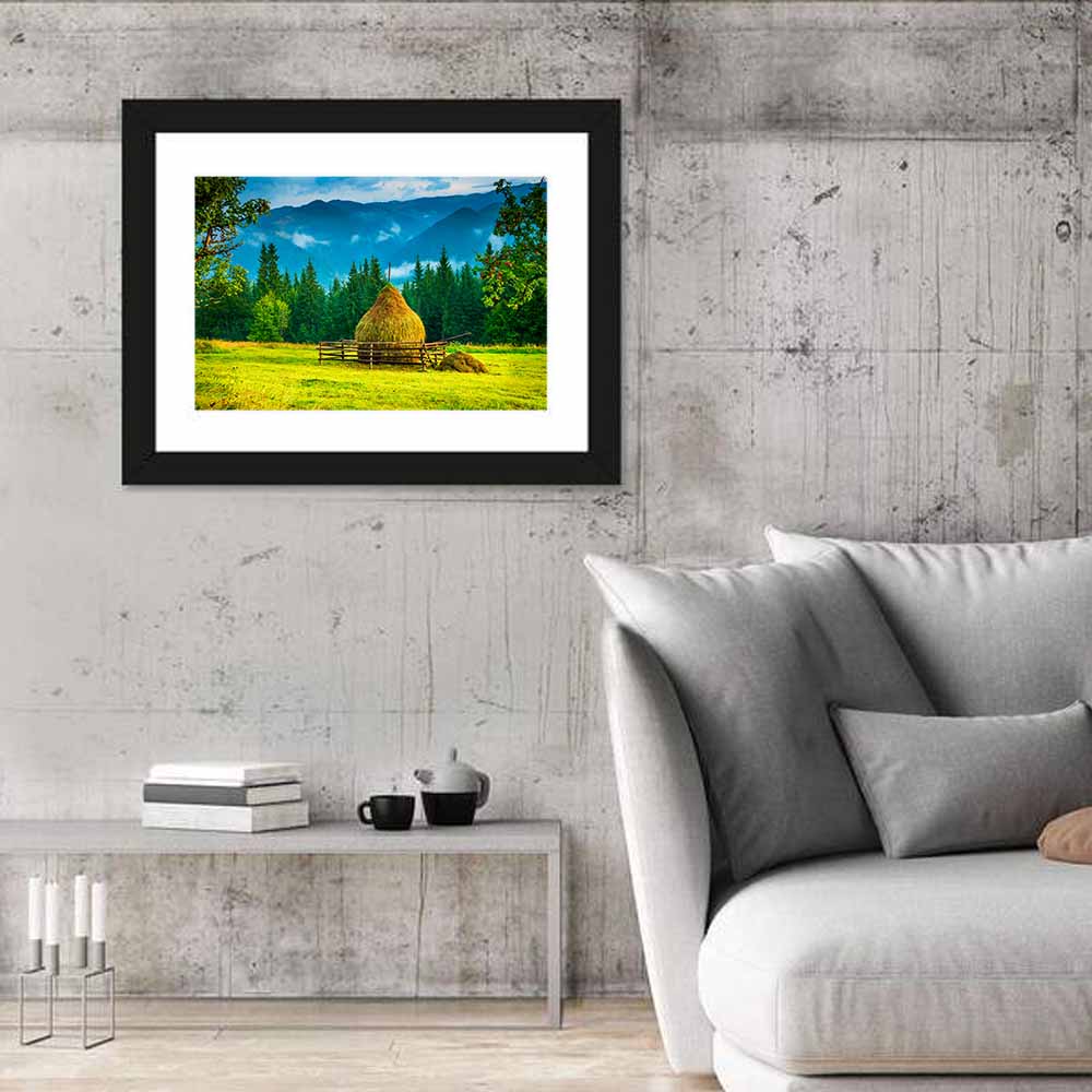 Haystack in Mountain Meadow Wall Art in a room, landscape