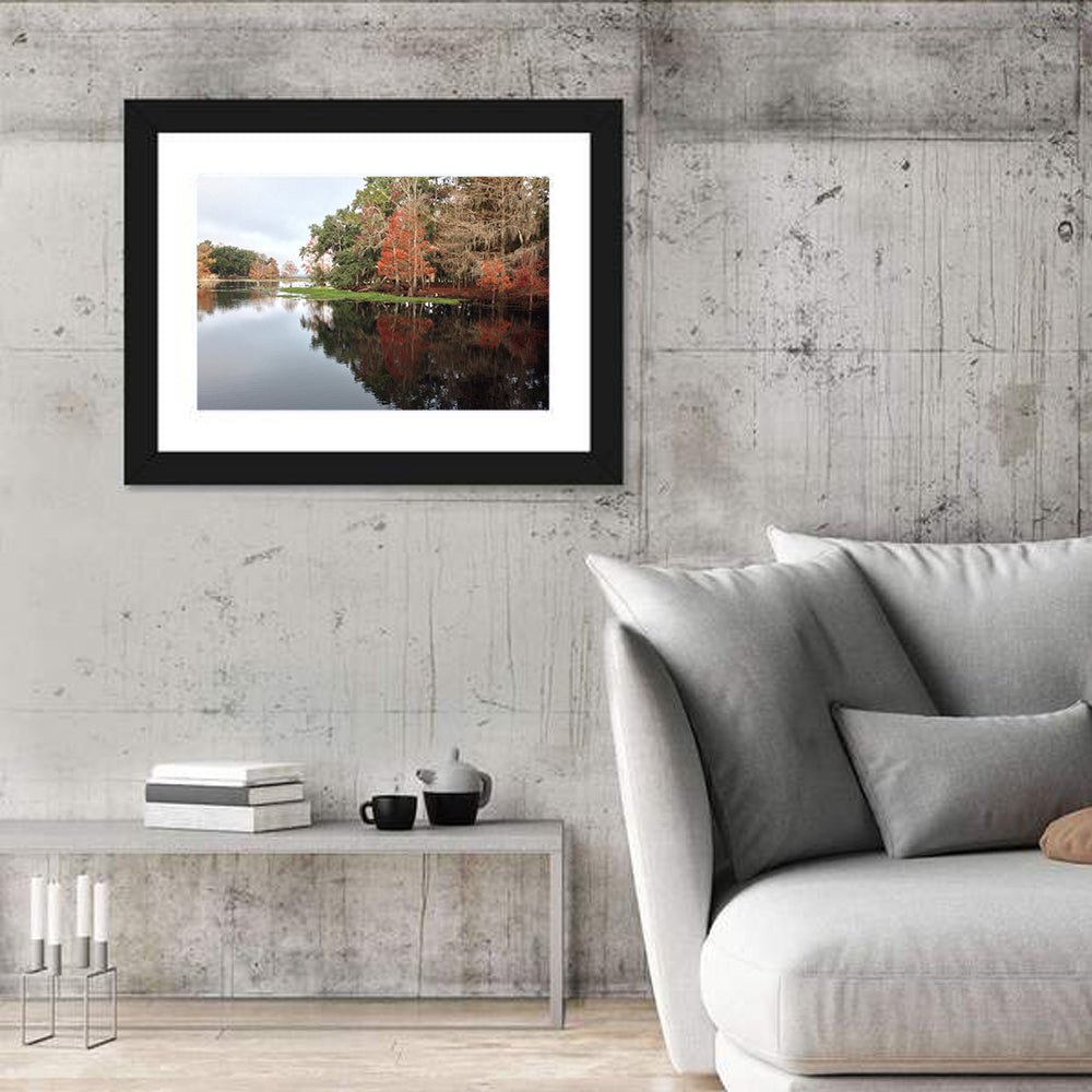 Autumn Lake Reflection Wall Art in a room, landscape