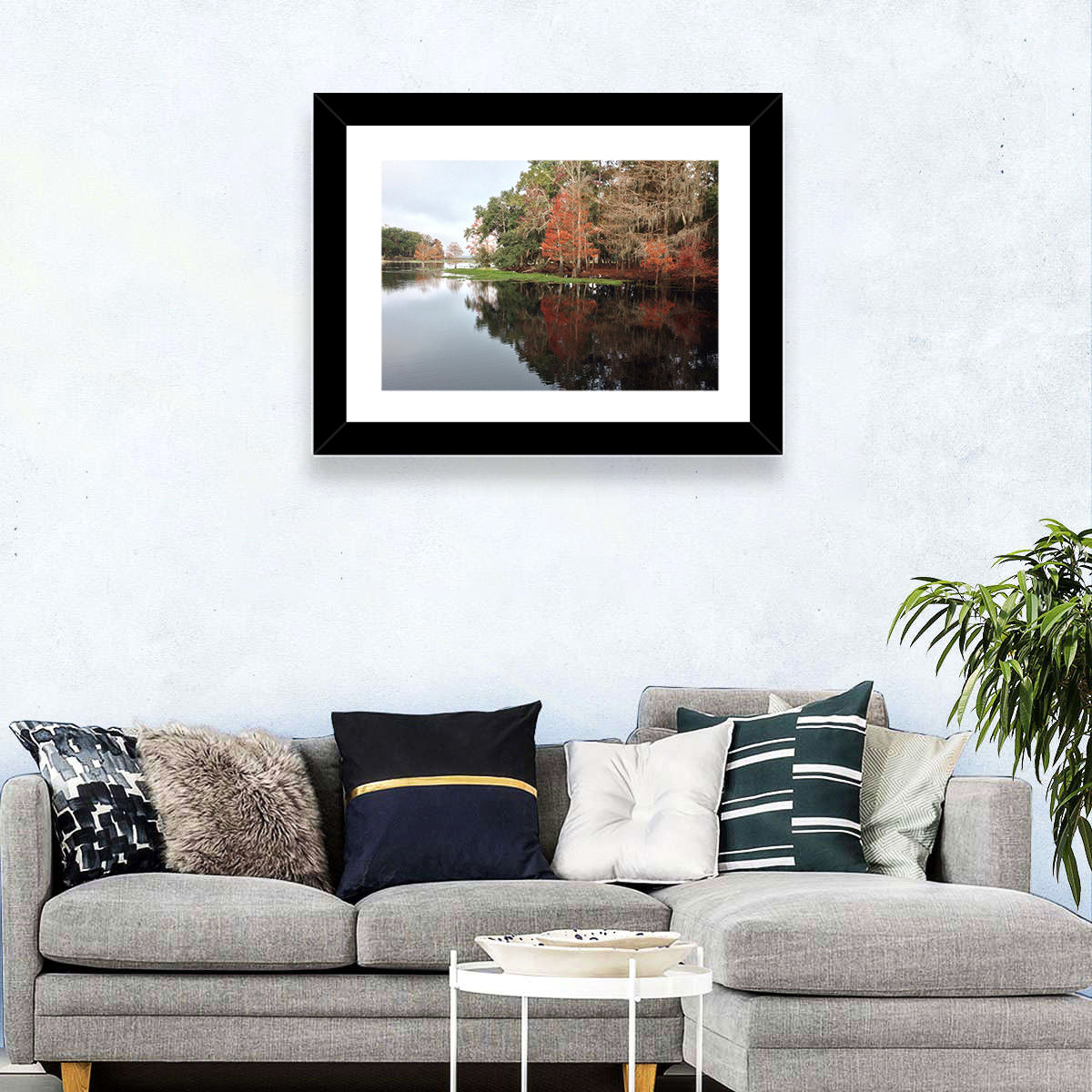 Autumn Lake Reflection Wall Art in a room, landscape
