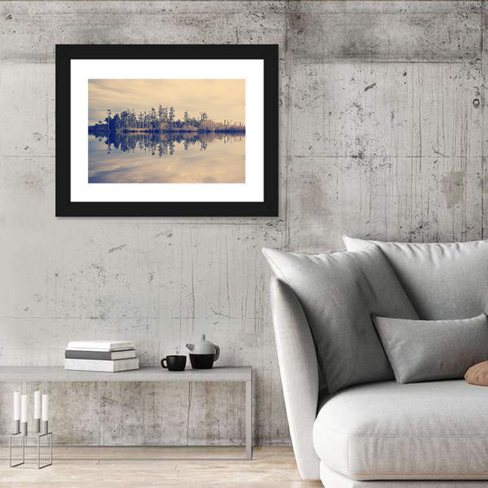 Sunset Over Forest Lake Wall Art in a room, landscape