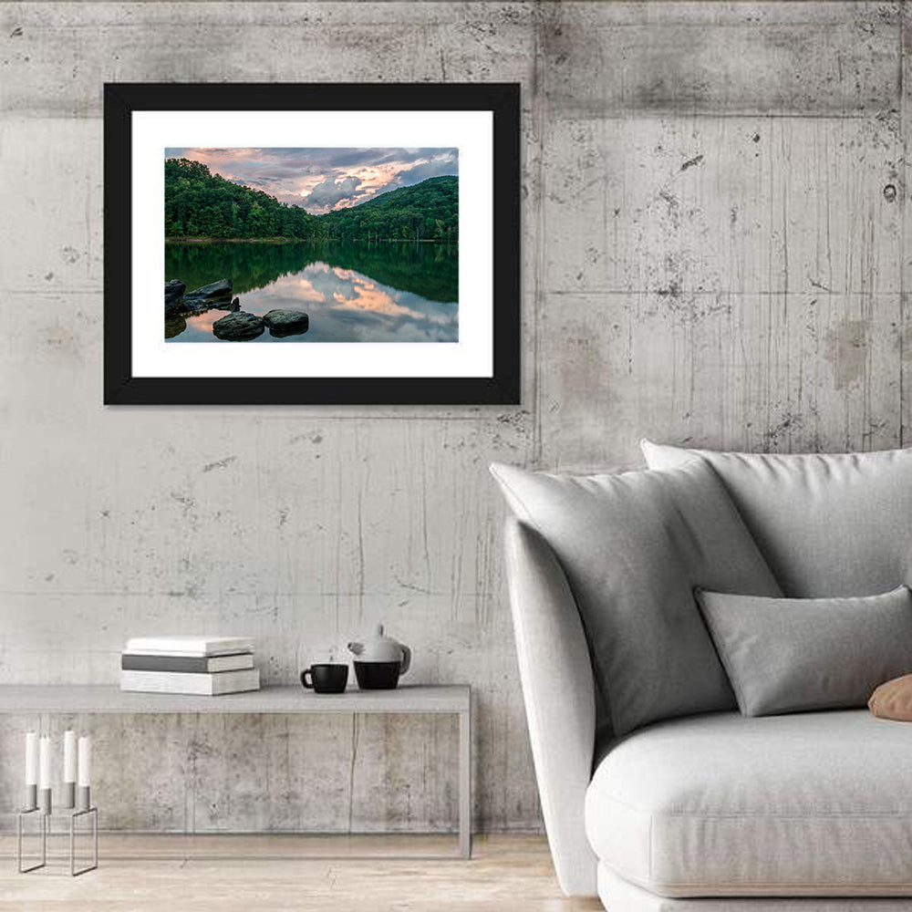Martins Fork Lake Sunset Wall Art in a room, landscape