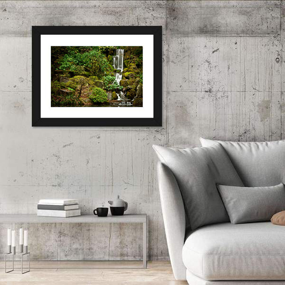 Secluded Mossy Waterfall Wall Art in a room, landscape