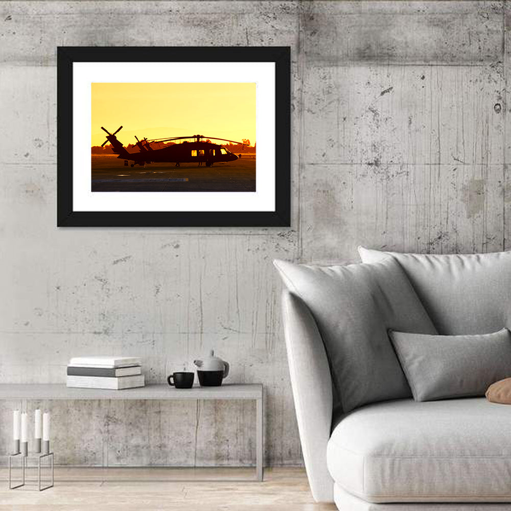 Row of Military Helicopters at Dusk Wall Art in a room, landscape