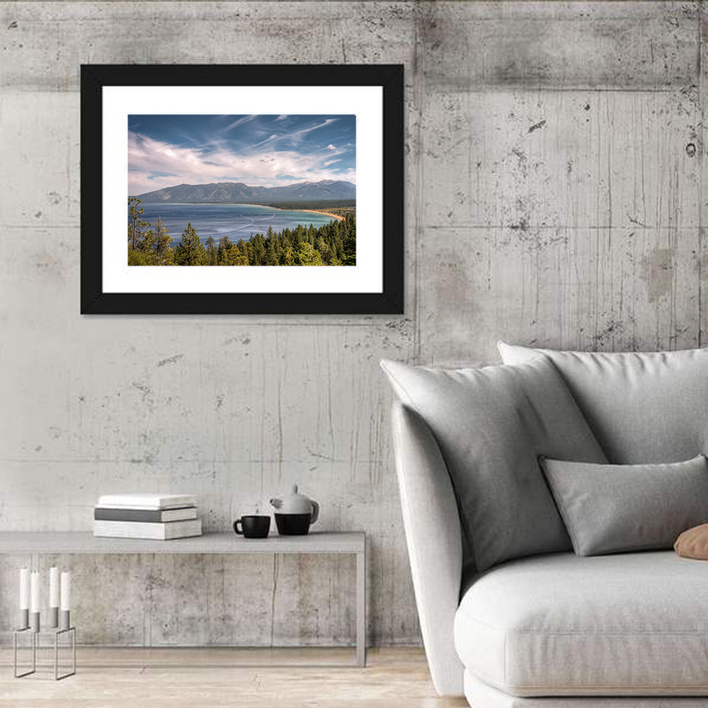 Pines Above a Blue Lake Wall Art in a room, landscape