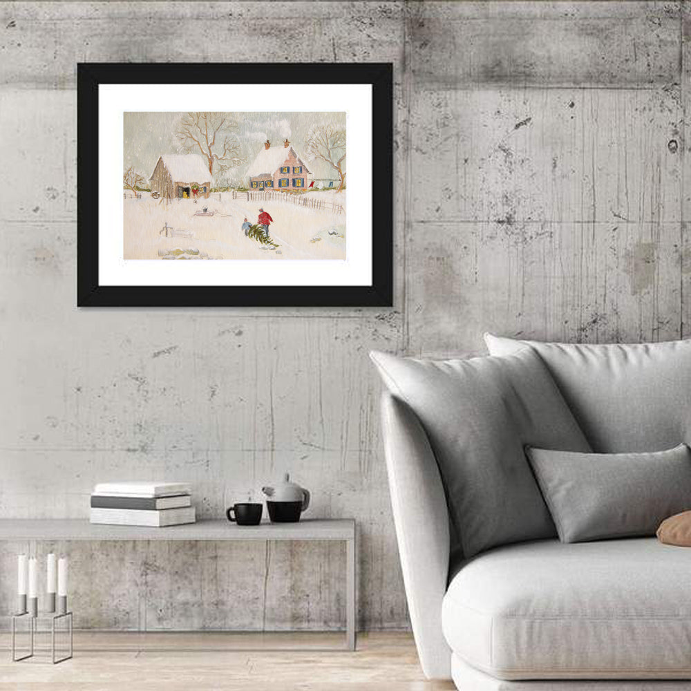Snowy Farmhouse Illustration Wall Art in a room, landscape