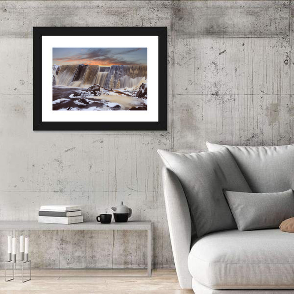 Frozen Waterfall at Sunset Wall Art in a room, landscape