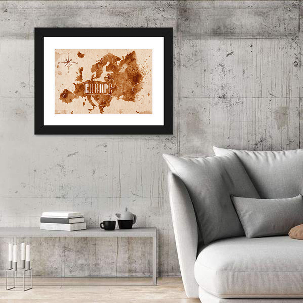 Retro Europe Map Wall Art in a room, landscape