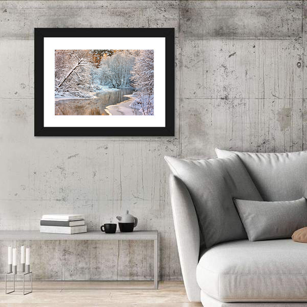 Snow-covered Stream at Golden Hour Wall Art