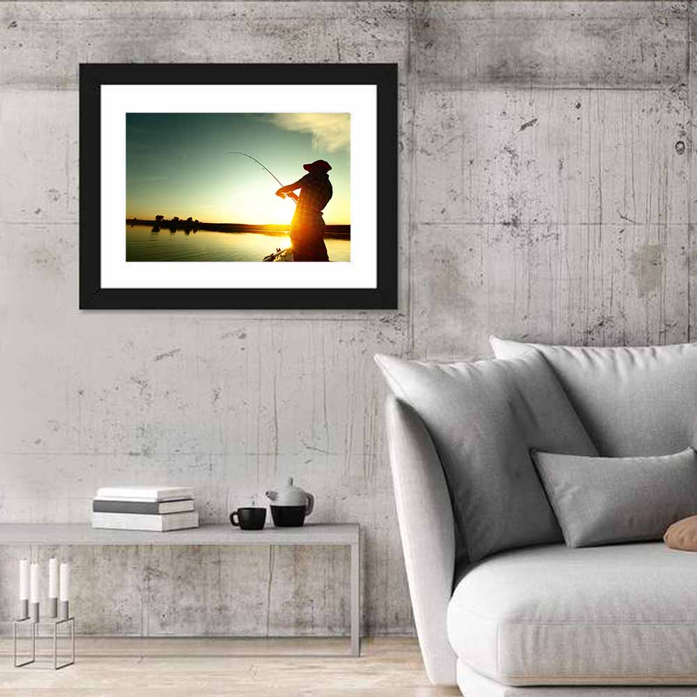 Sunset Fisherman Silhouette Wall Art in a room, landscape