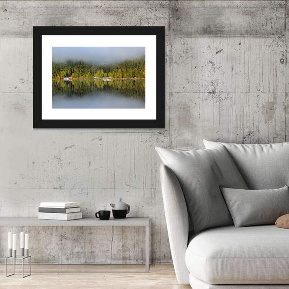 Saint Anna Lake Misty Reflection Wall Art in a room, landscape