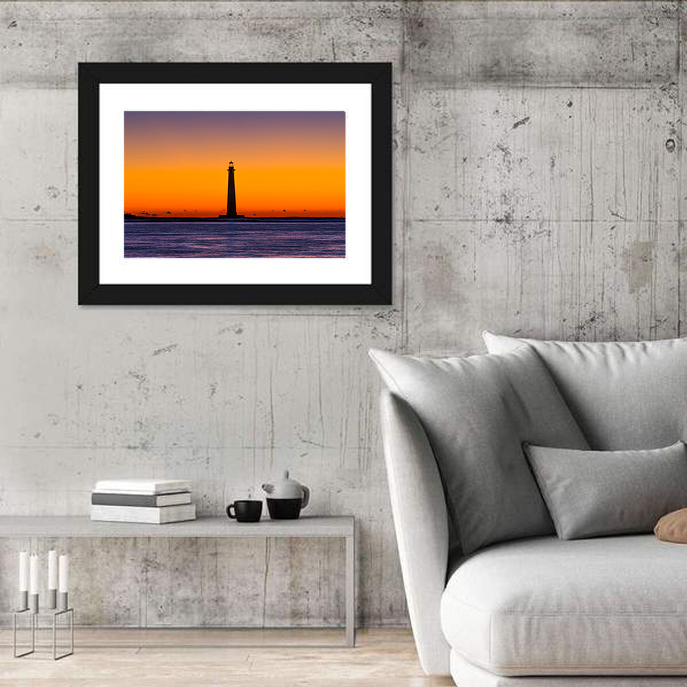 Minimalist Lighthouse Silhouette at Twilight Wall Art in a room, landscape