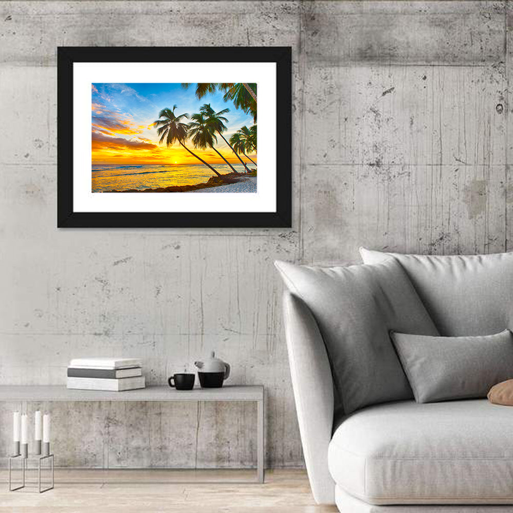 Palm Island Sunset Wall Art in a room, landscape