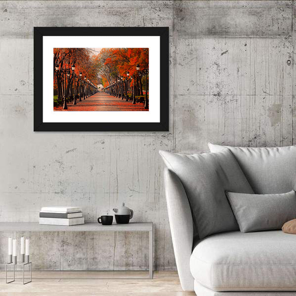 Autumn Park Path with Vintage Lampposts Wall Art