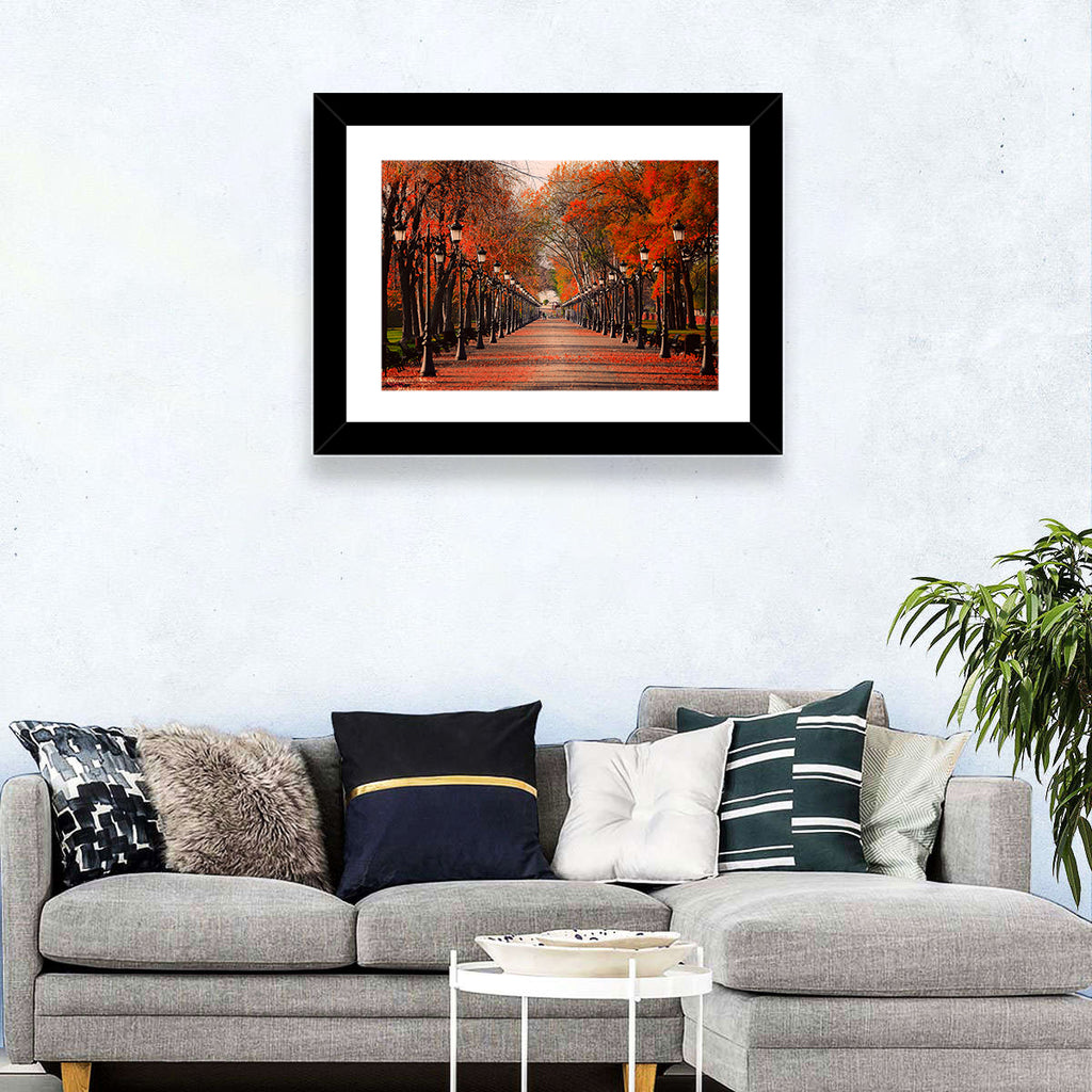 Autumn Park Path with Vintage Lampposts Wall Art