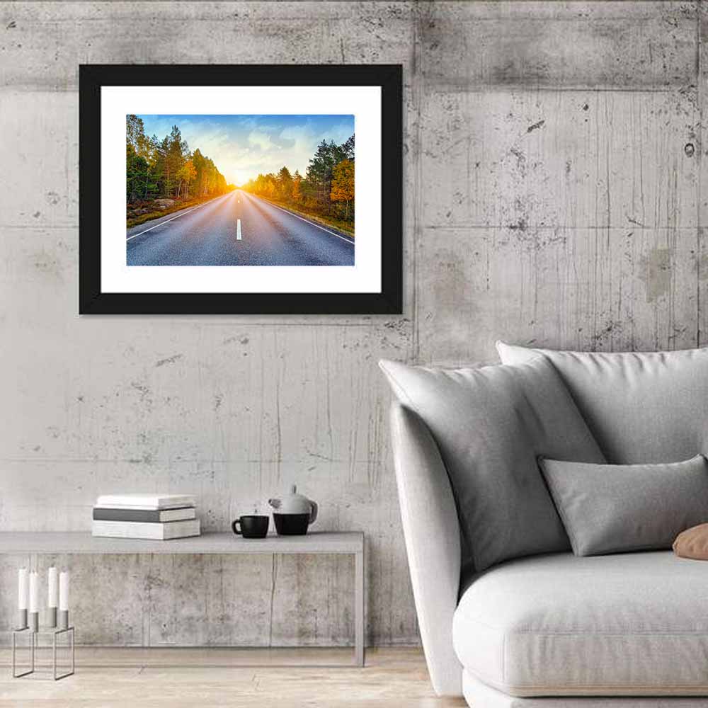 Sunlit Autumn Forest Road Wall Art in a room, landscape