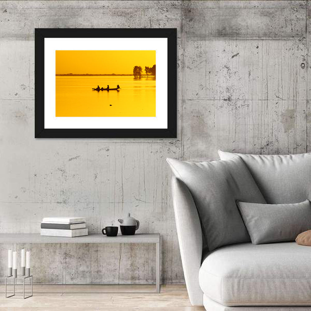 Pirogue at Golden Dusk Wall Art in a room, landscape