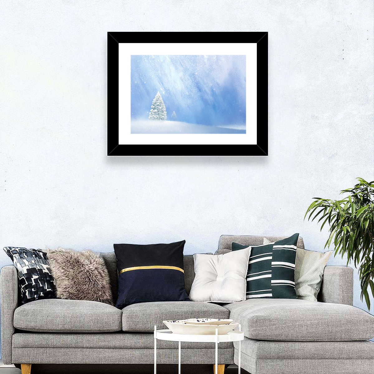 Two Snowy Evergreens Wall Art in a room, landscape