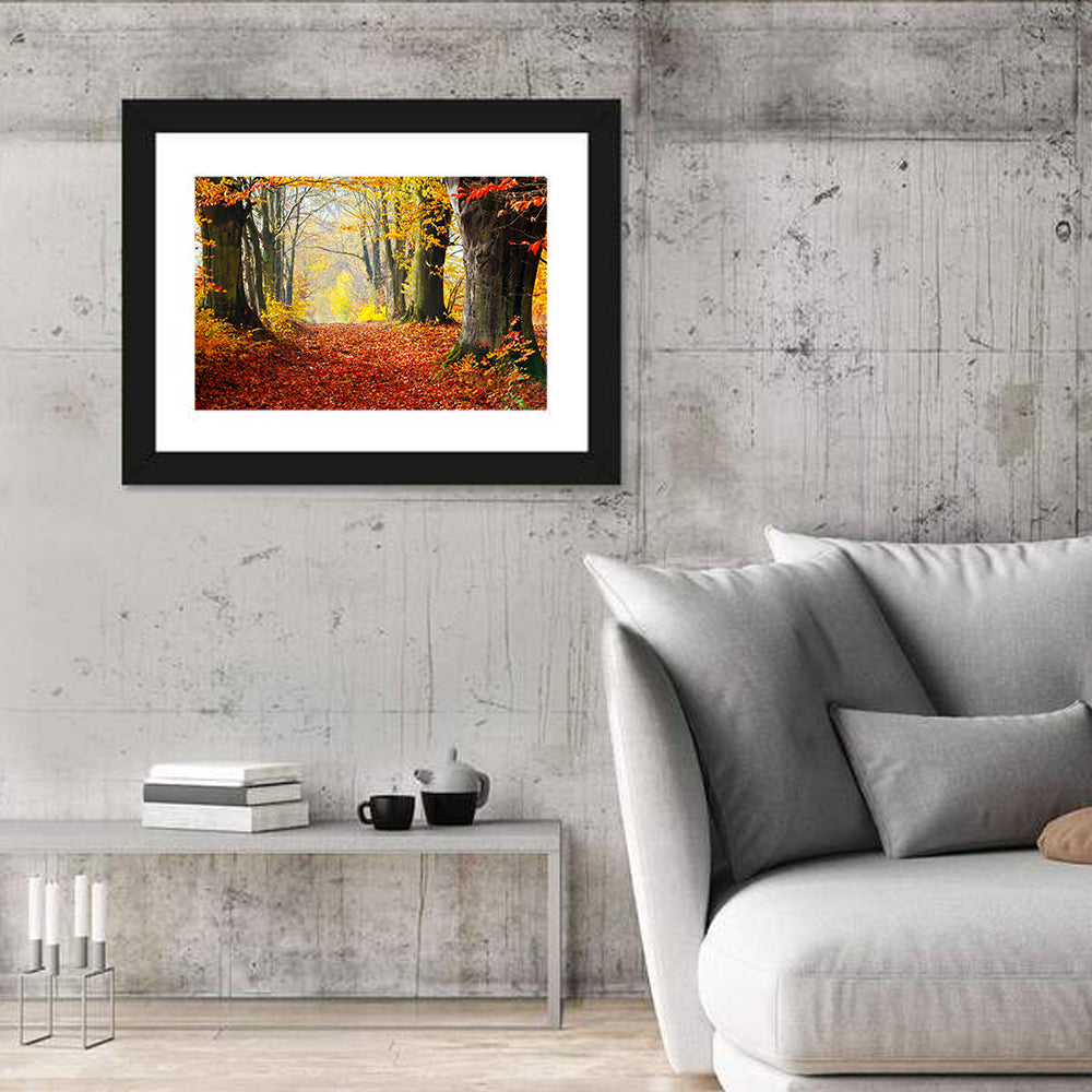 Misty Autumn Forest Path Wall Art in a room, landscape
