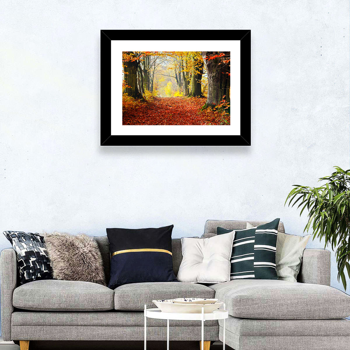 Misty Autumn Forest Path Wall Art in a room, landscape