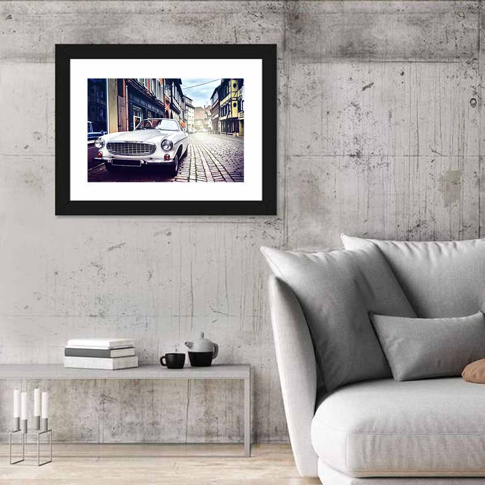 Vintage Car on Cobblestone Street Wall Art in a room, landscape
