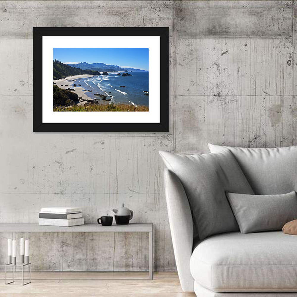 Cannon Beach Morning Shoreline Wall Art in a room, landscape