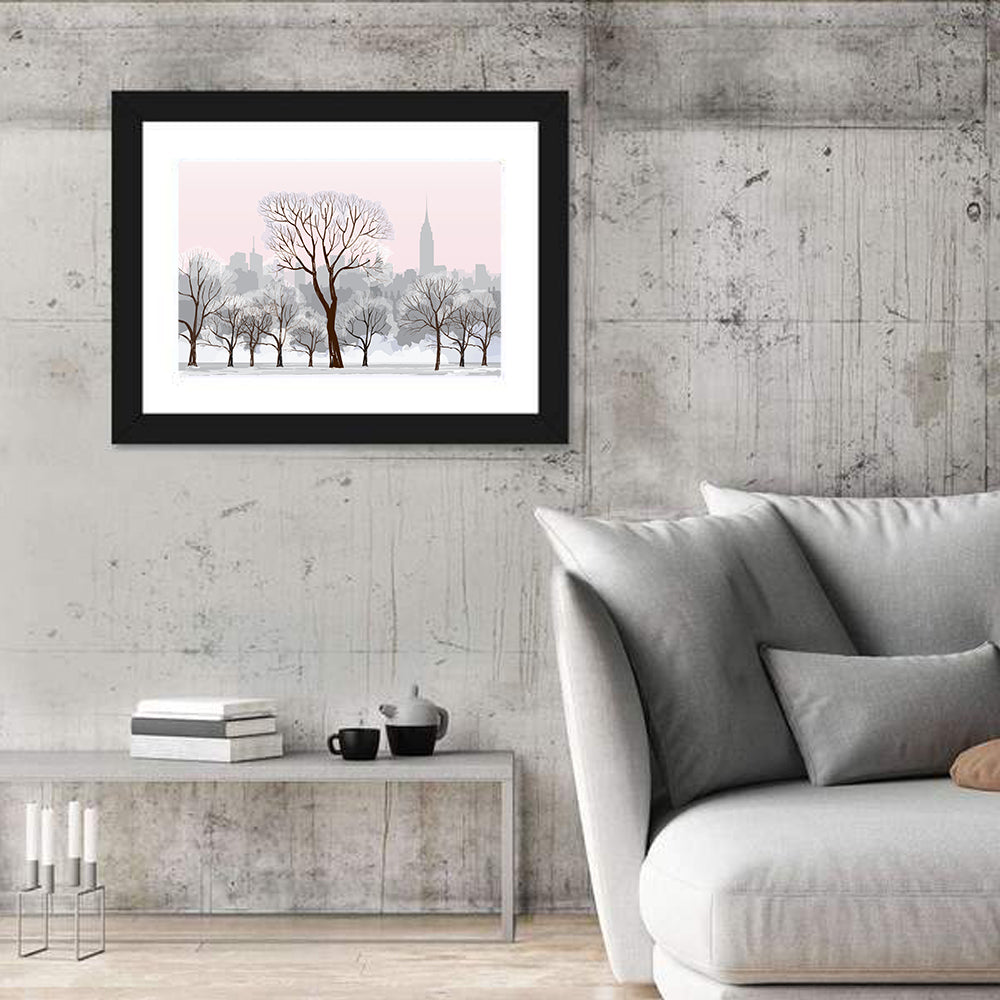 Winter Cityscape Wall Art in a room, landscape