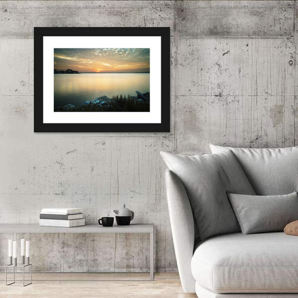 Lake Conroe Sunset Reflection Wall Art in a room, landscape