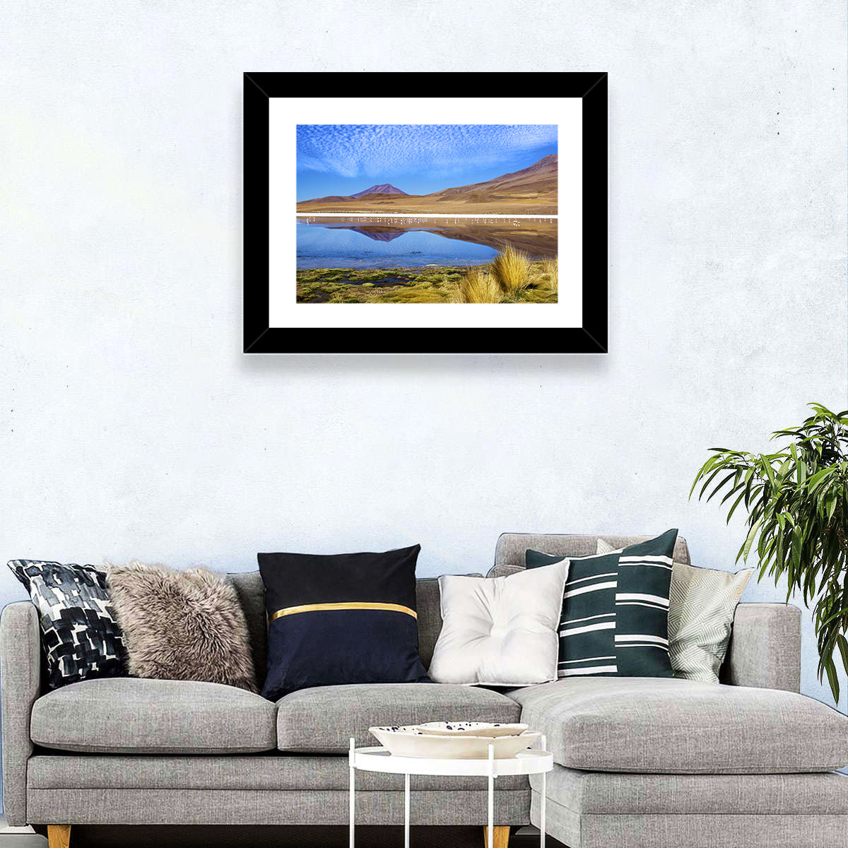 Red Lagoon Flamingo Reflection Wall Art in a room, landscape