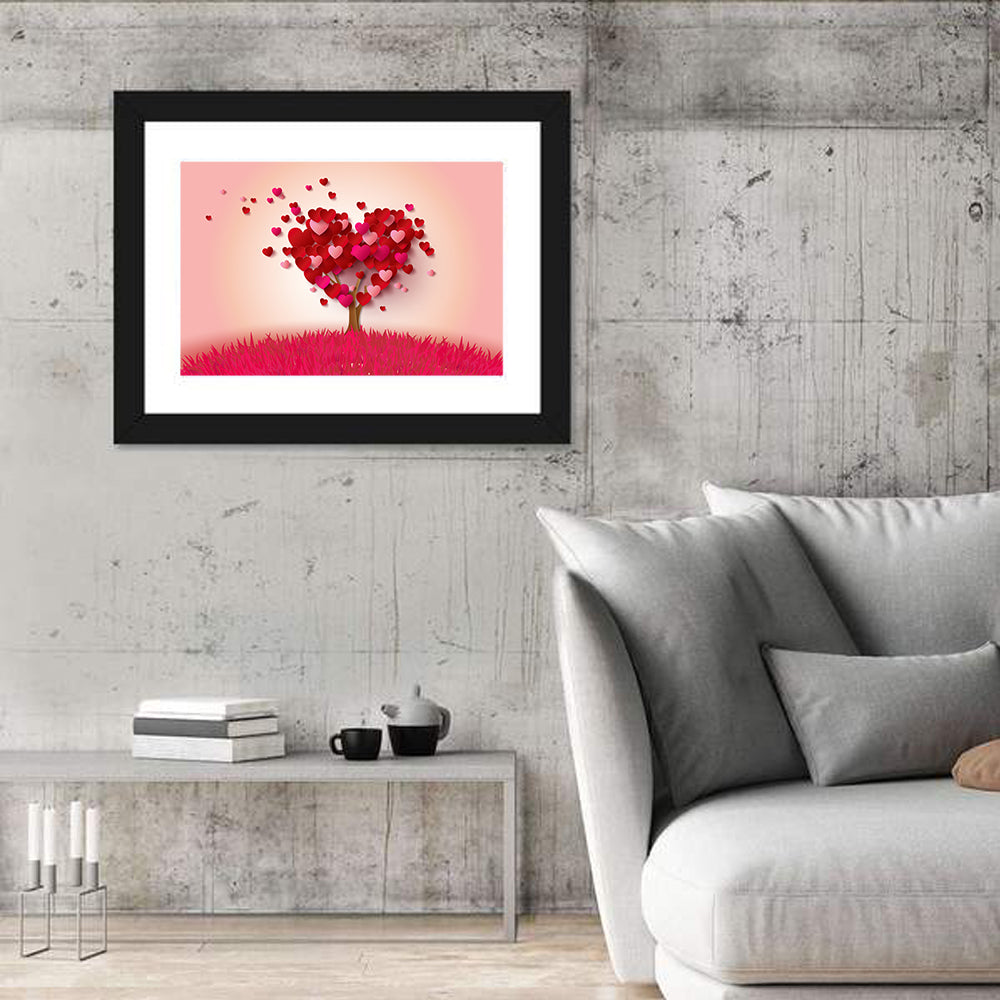 Whimsical Heart Tree Illustration Wall Art in a room, landscape