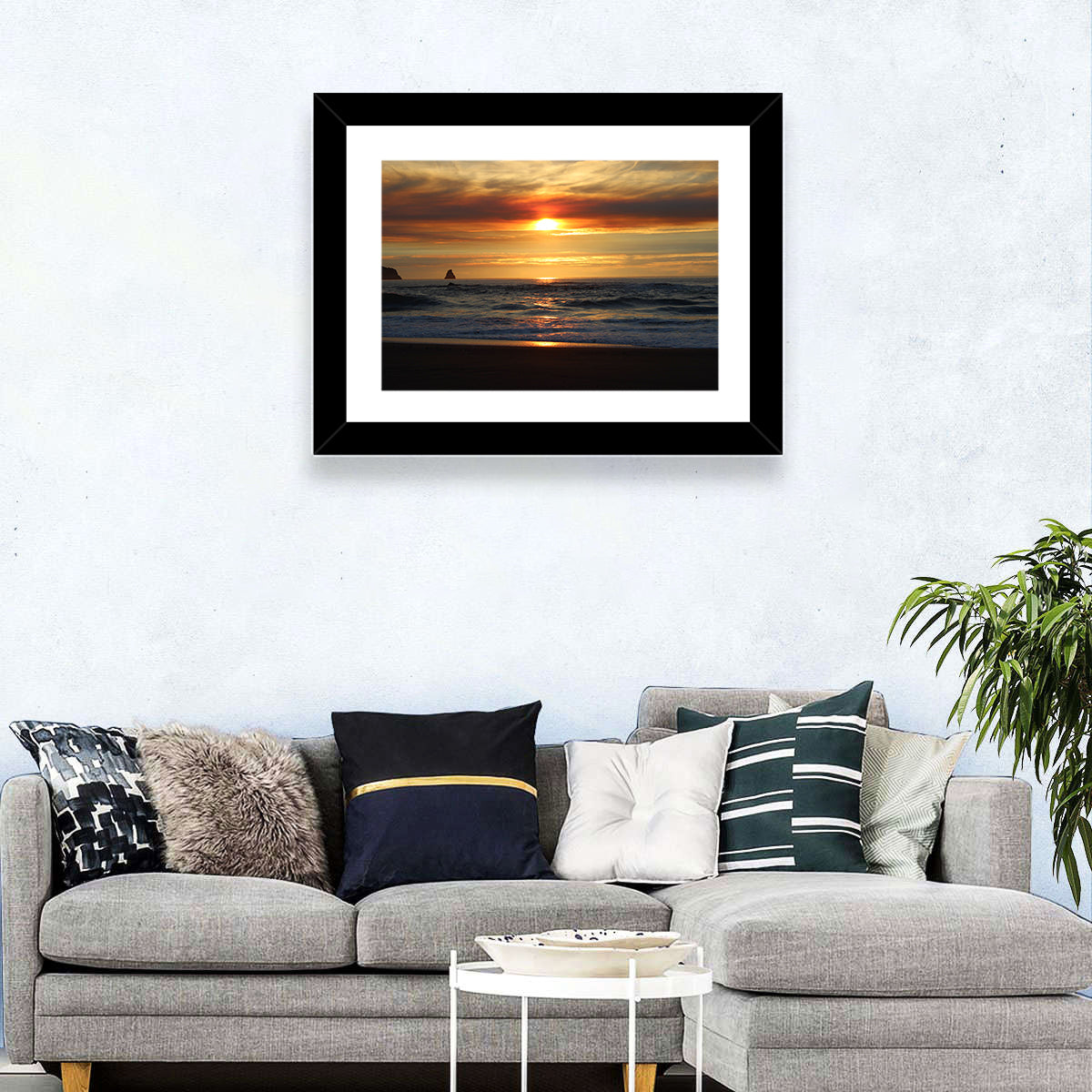 Oregon Sea Stack Sunset Wall Art in a room, landscape