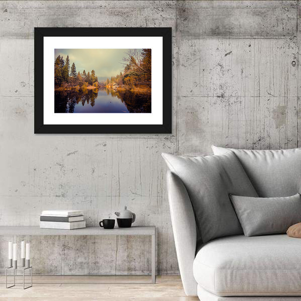 Misty Lake Fulmor Reflection Wall Art in a room, landscape