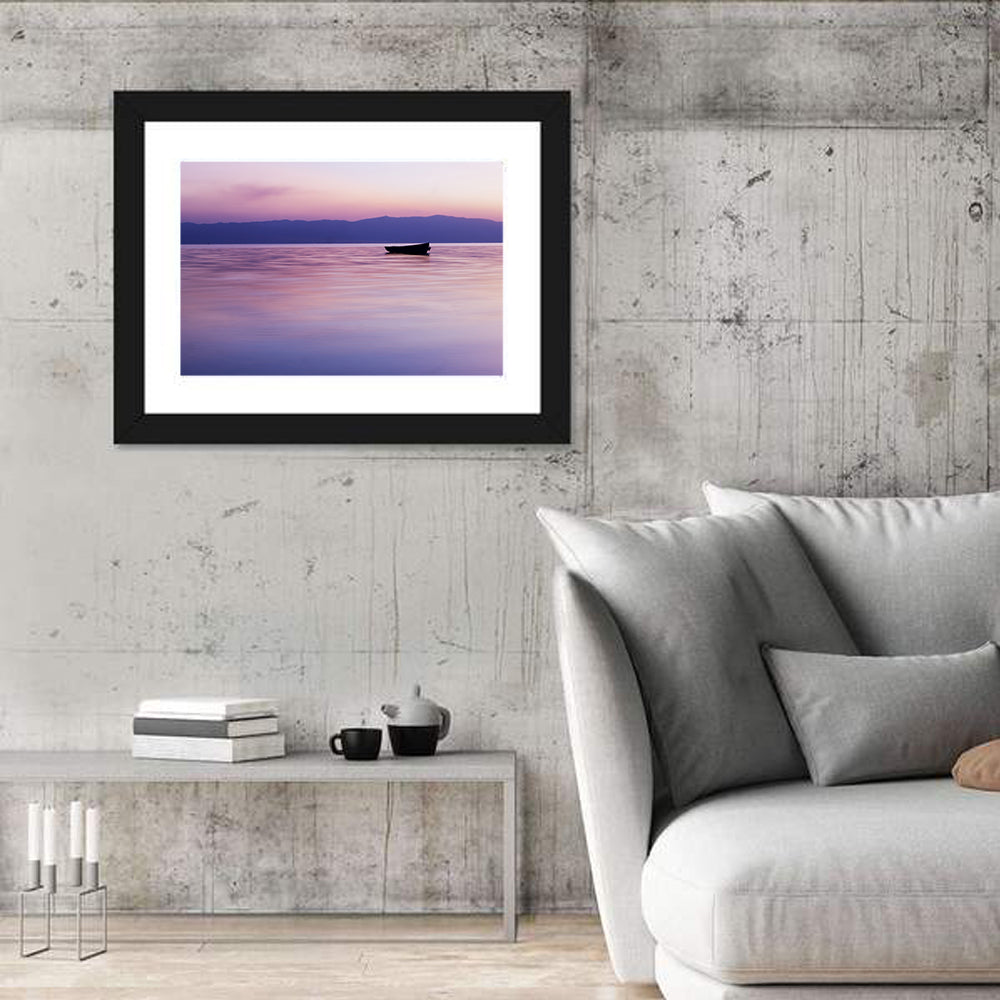 Lavender Lake Ohrid Sunset Wall Art in a room, landscape