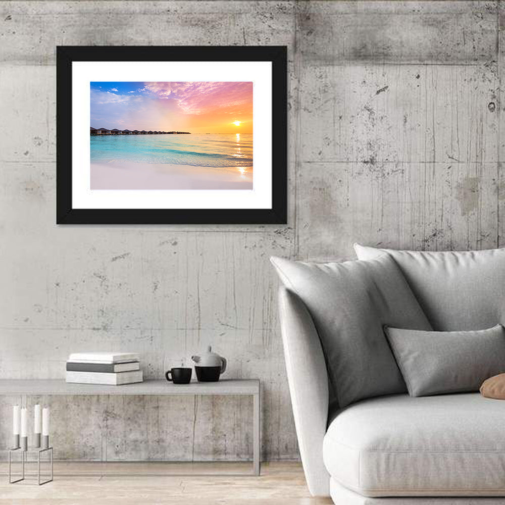 Overwater Bungalows at Sunset Wall Art in a room, landscape