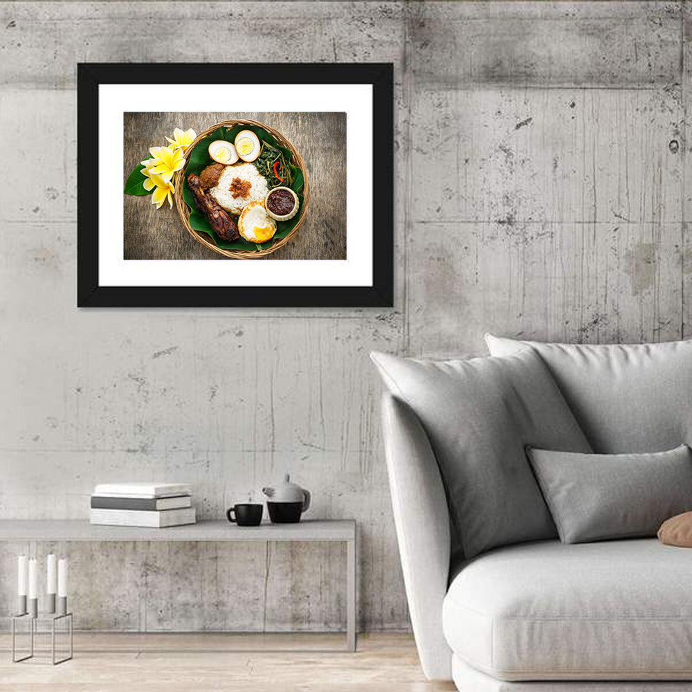 Nasi Campur in Woven Basket Wall Art in a room, landscape