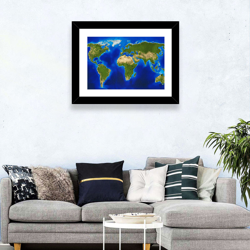 Satellite-style Blue World Map Wall Art