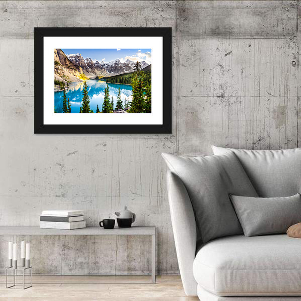Moraine Lake Reflections Wall Art in a room, landscape