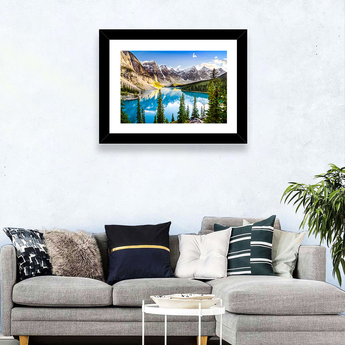 Moraine Lake Reflections Wall Art in a room, landscape