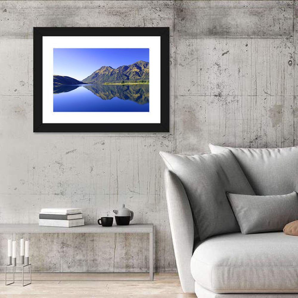 Lake Hawea Mirror Reflection Wall Art in a room, landscape