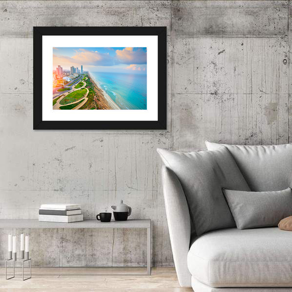 Netanya Coastline at Golden Hour Wall Art in a room, landscape