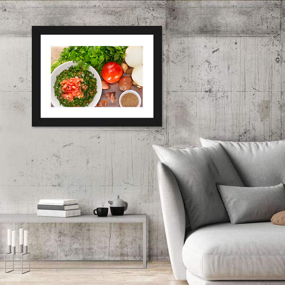 Top-down Tabbouleh Salad Wall Art in a room, landscape