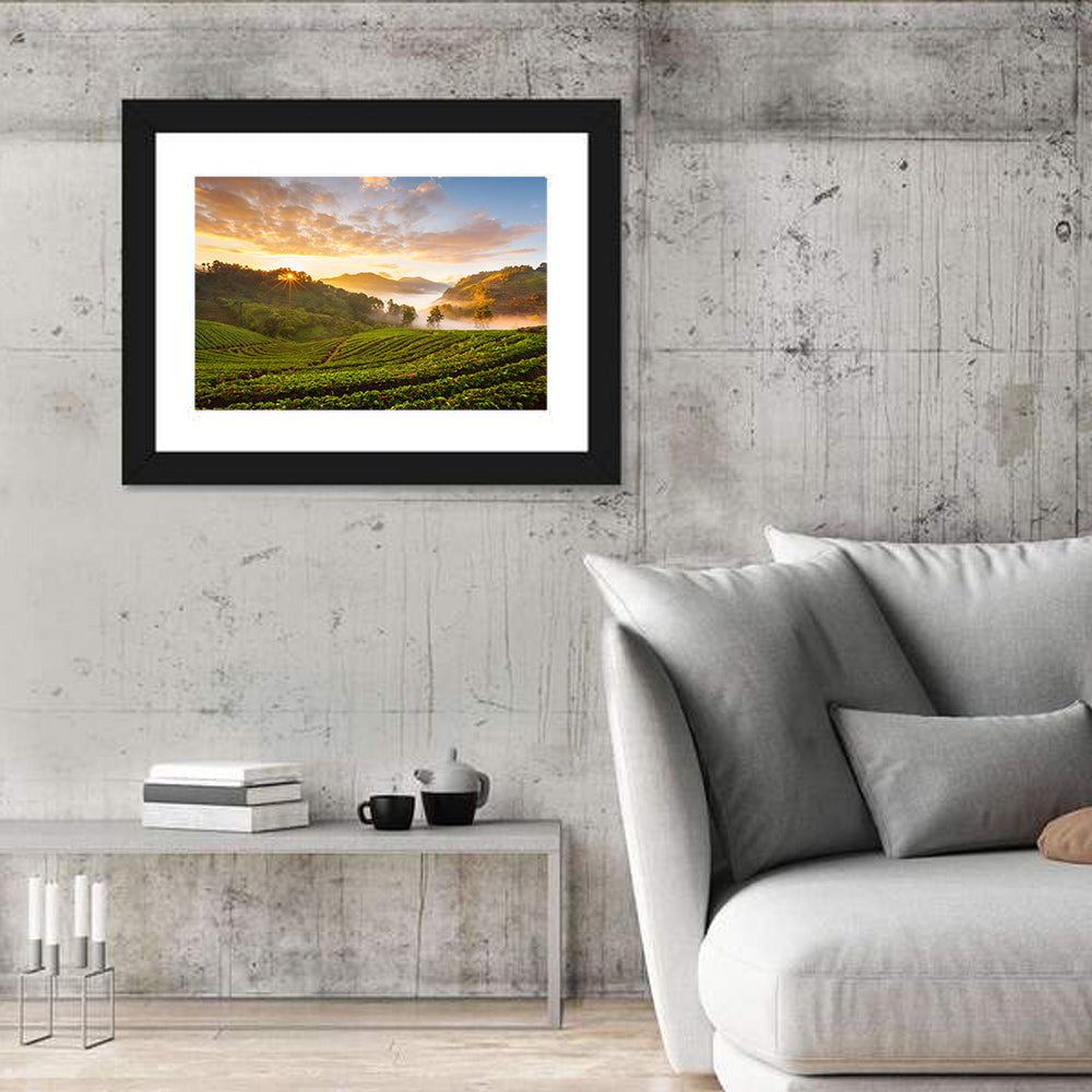 Strawberry Fields Sunrise Wall Art in a room, landscape