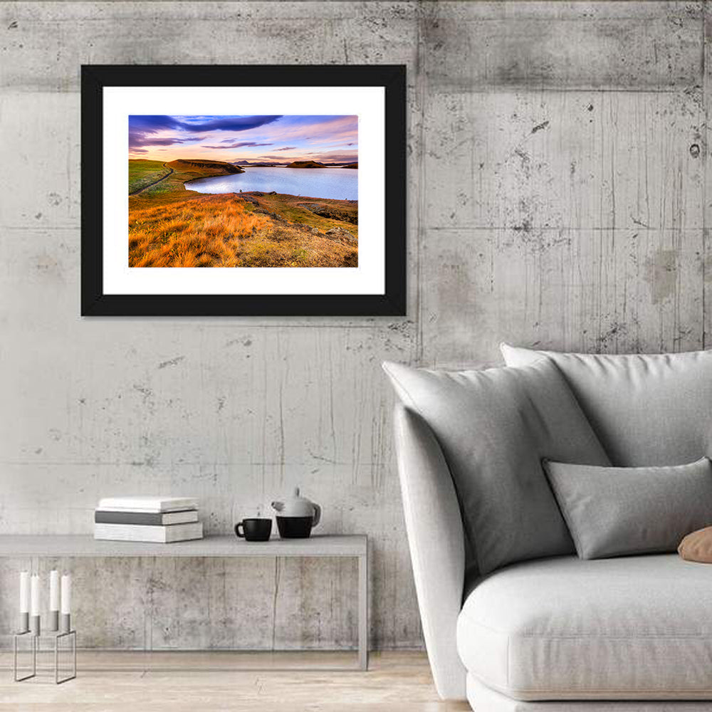 Sunset Over Lake Myvatn Wall Art in a room, landscape