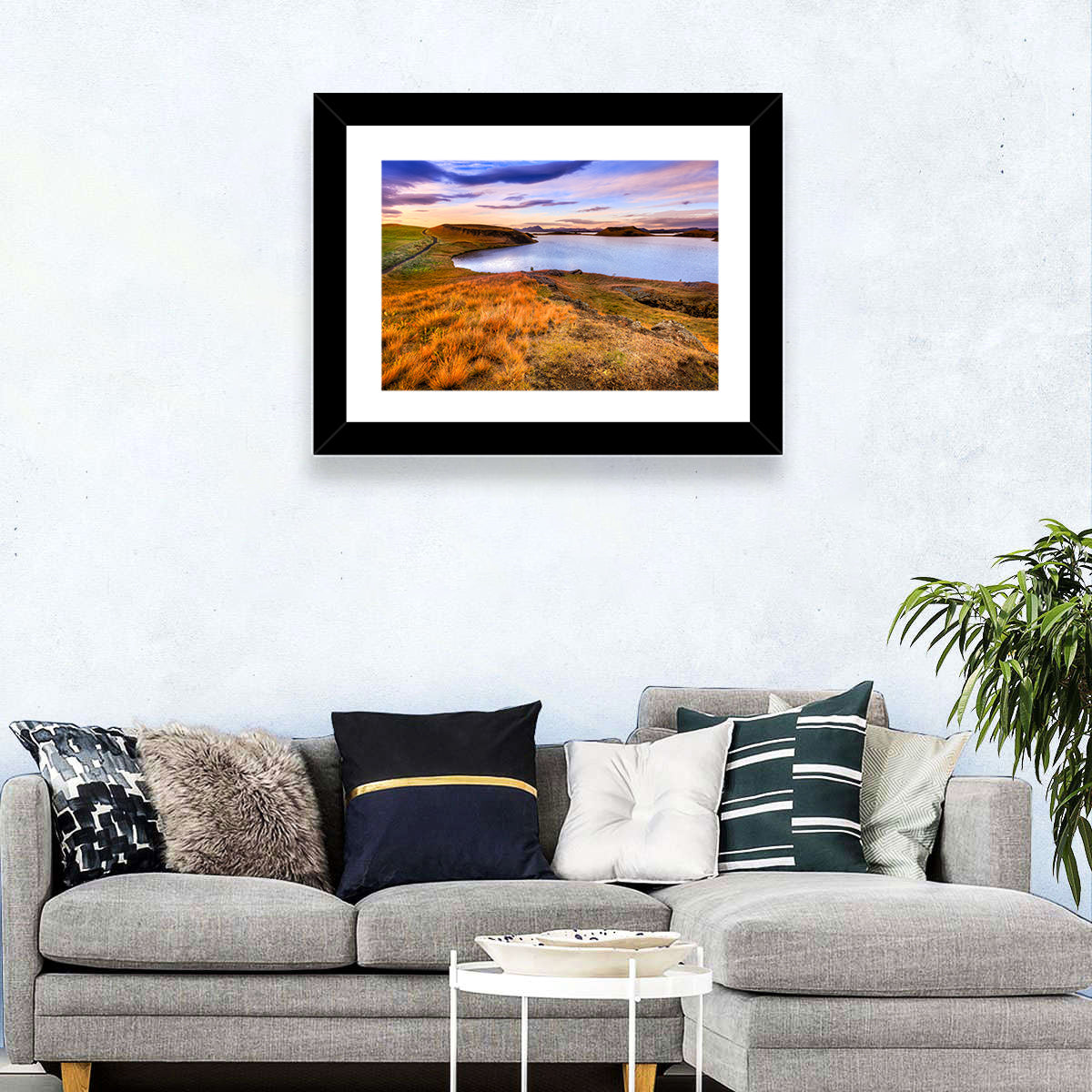 Sunset Over Lake Myvatn Wall Art in a room, landscape