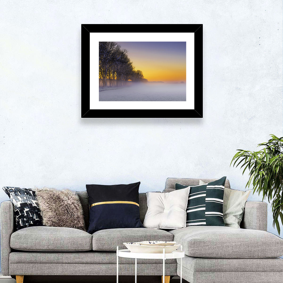 Winter Fog at Sunset Wall Art in a room, landscape