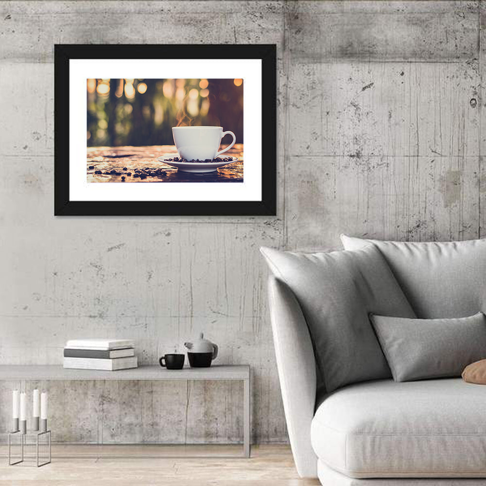 Steaming White Coffee Cup Wall Art in a room, landscape