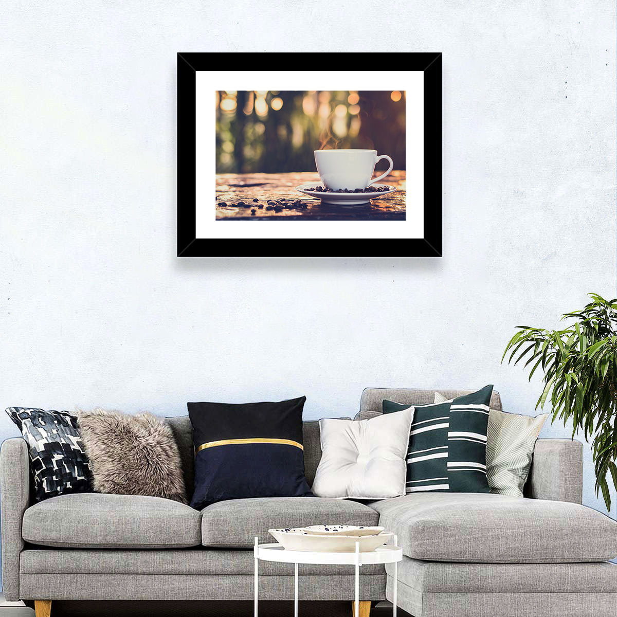 Steaming White Coffee Cup Wall Art in a room, landscape