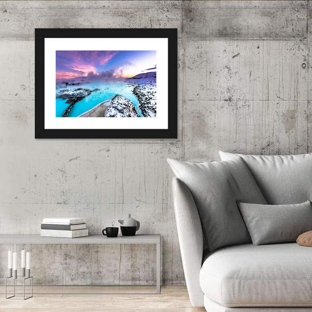 Blue Lagoon Grindavík Sunrise Wall Art in a room, landscape