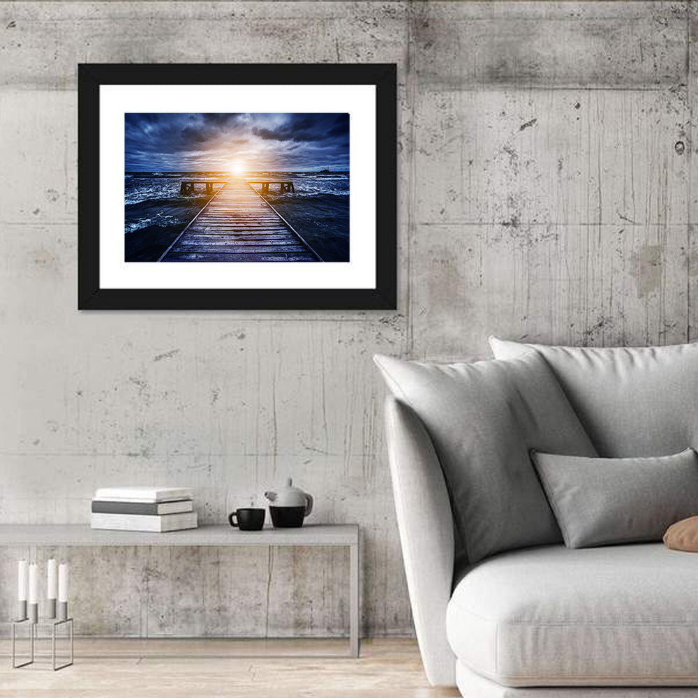 Sunlit Wooden Jetty at Dusk Wall Art in a room, landscape